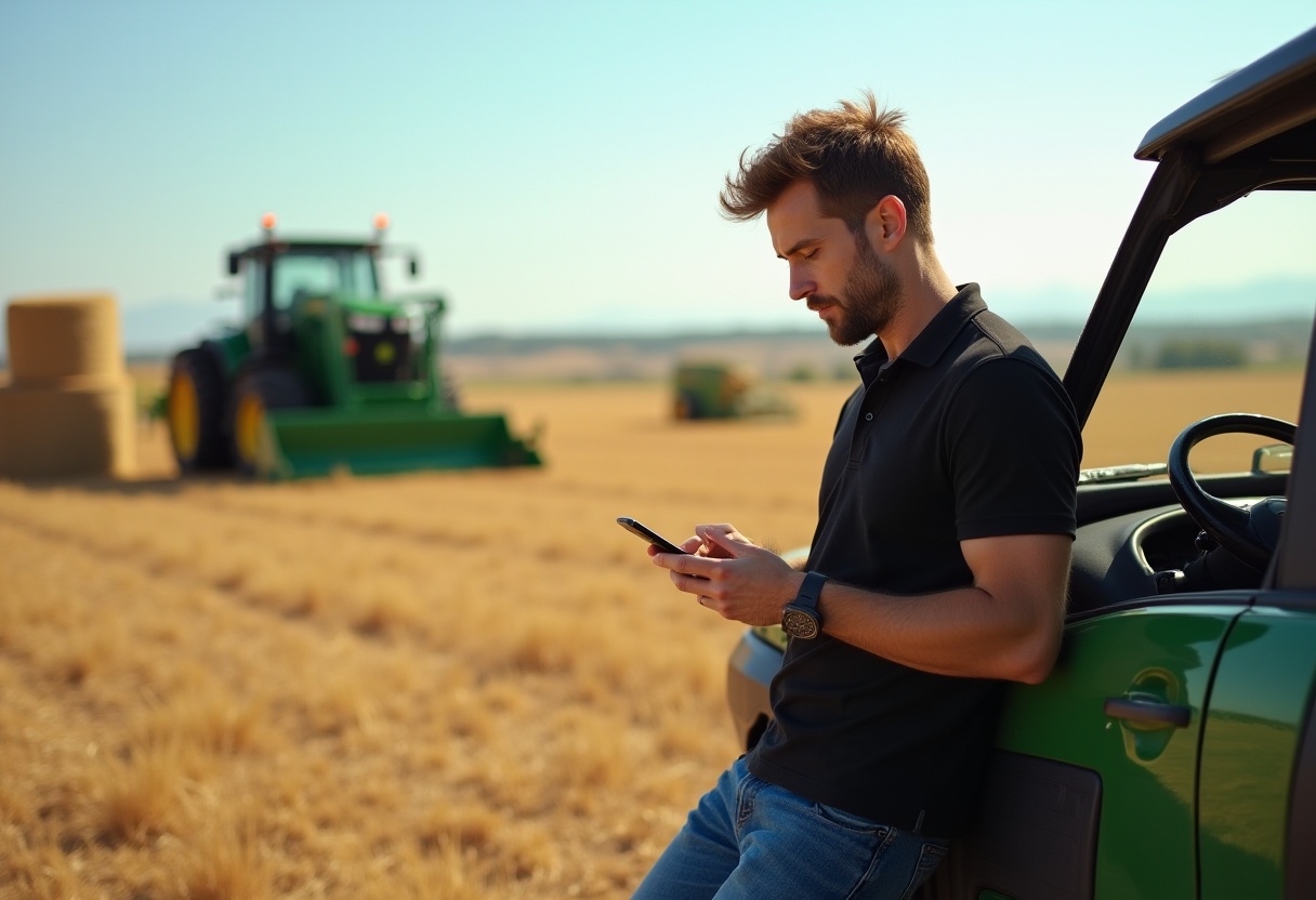 Farmer Plays Phone Next to a Tractor